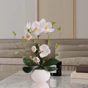 Pack Of Two Real Touch White Orchid Artificial Flowers with Vase – Elegant Fake Plants for Home & Bathroom Decor