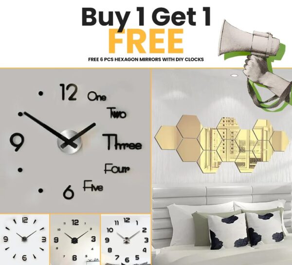 Buy 1 DIY Wall Clock, Get Hexagon Mirror Set Free – Summer Mega Deal
